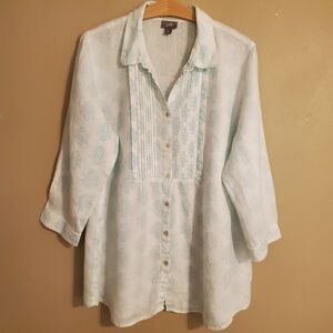 J.JILL White/Teal Linen Paisley Pin Tuck Button Down Peasent Tunic Top Women's L